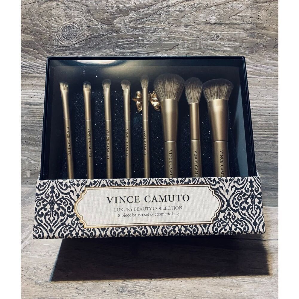Vince Camuto Black Gold Bow Luxury Brush Set & Makeup Bag